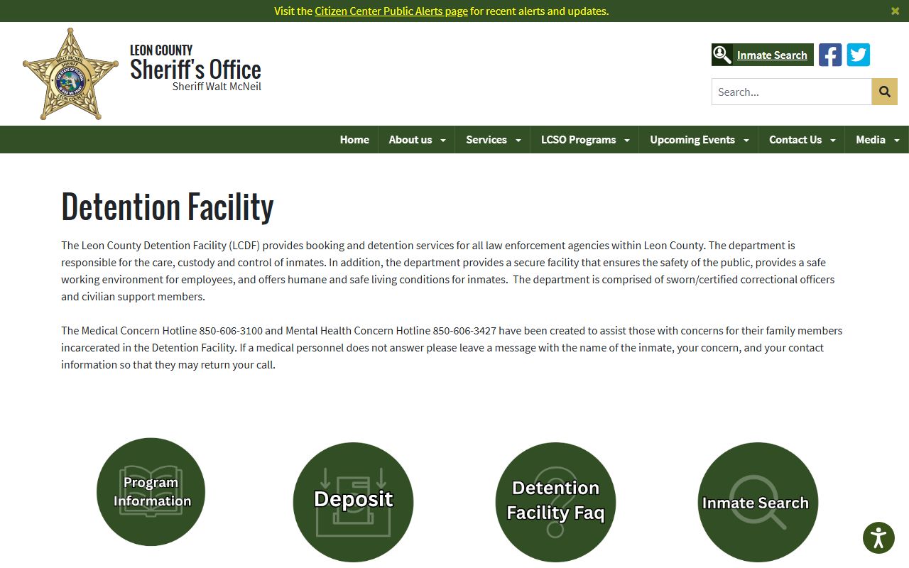 Leon County Detention Facility overview page from the Sheriff's Office