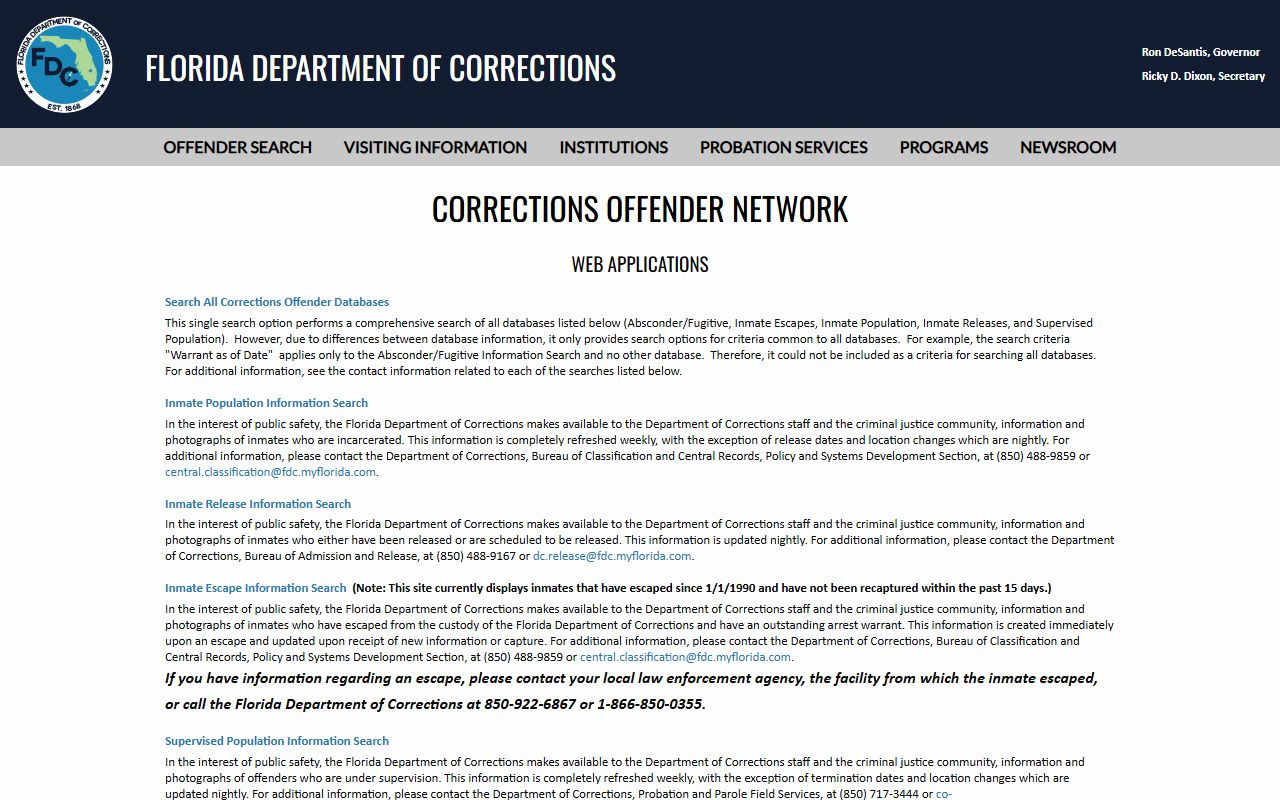 Florida DOC Offender Search menu for Leon County released inmates and state prison records