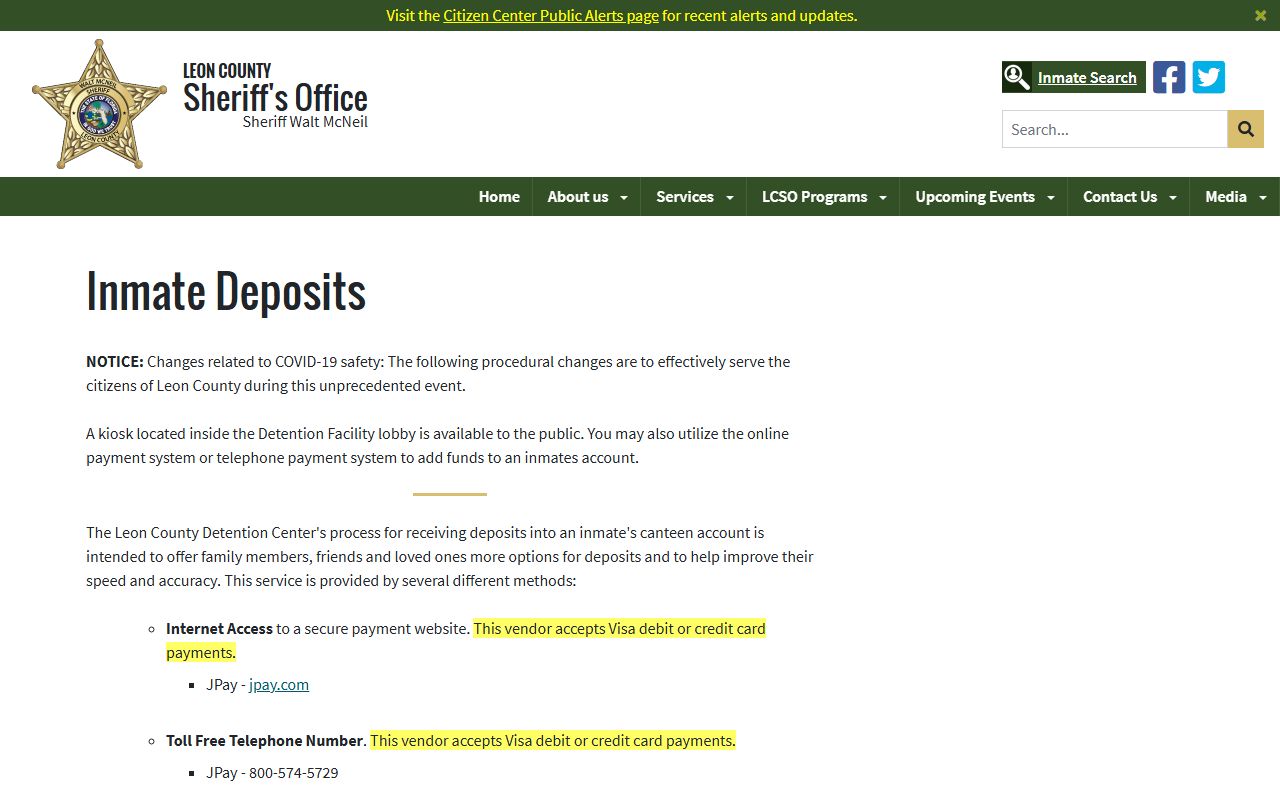 Leon County inmate deposits page showing JPay and lobby kiosk funding options
