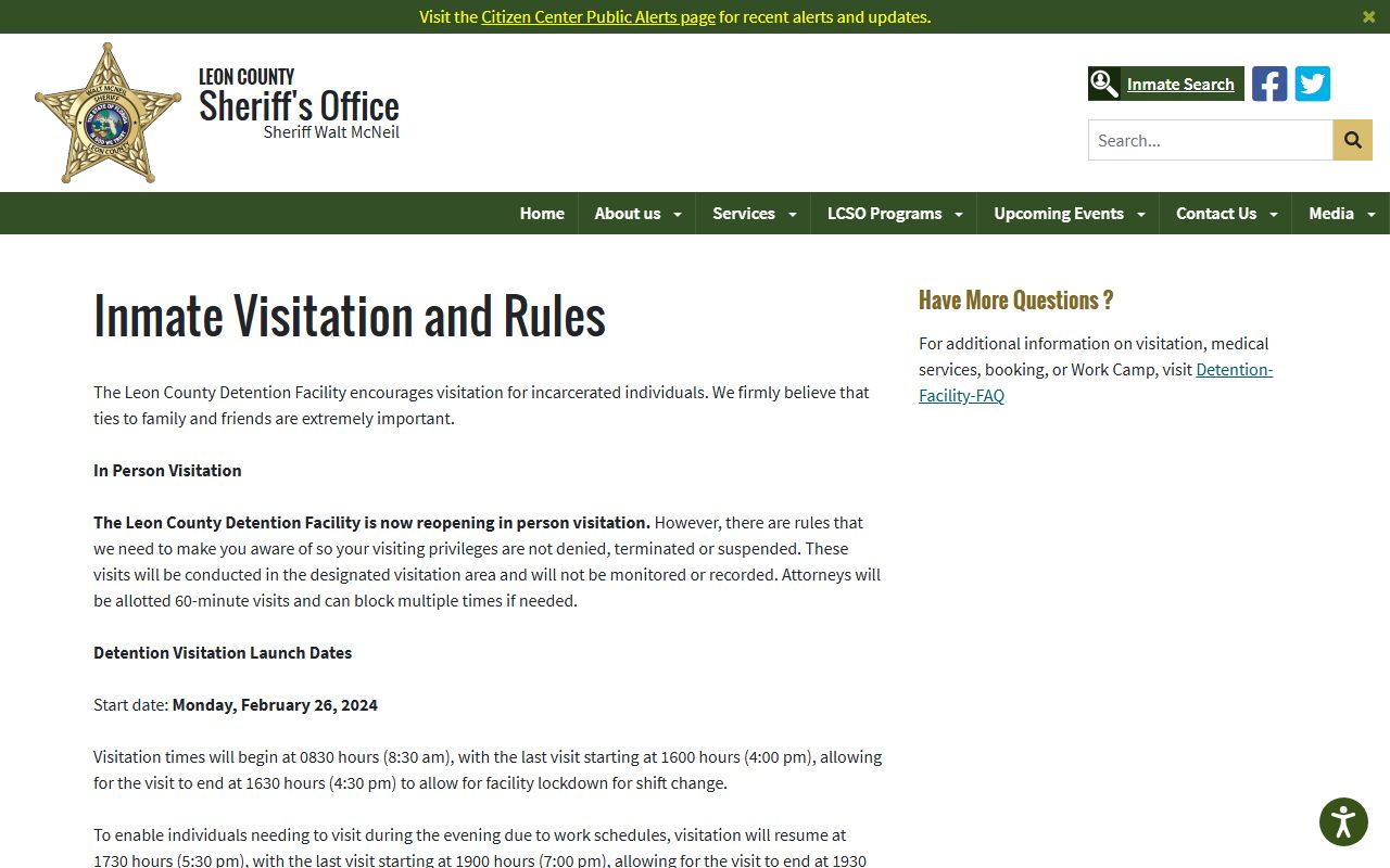 Leon County inmate visitation rules page covering in-person and video visits