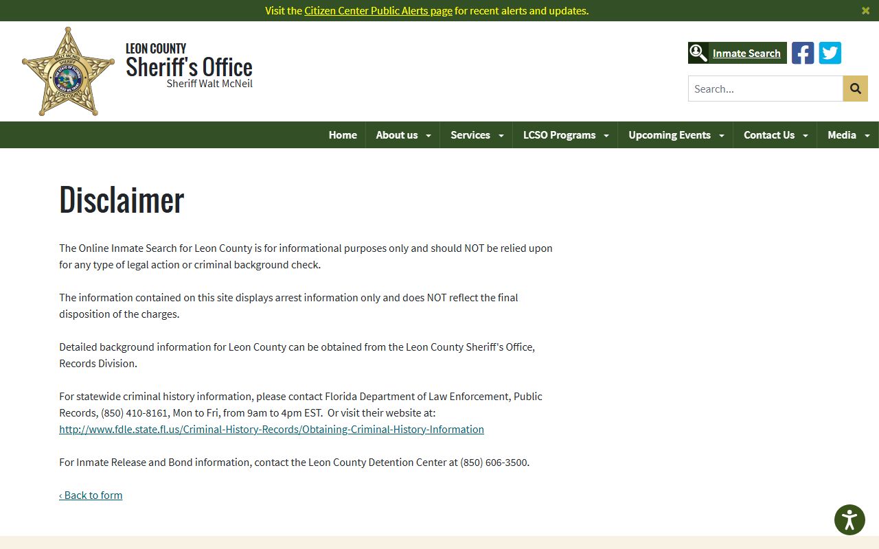 LCSO inmate search disclaimer page for Leon County arrest records