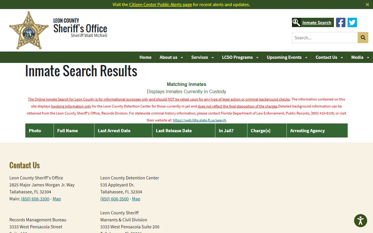 Leon County inmate search results table showing photo, name, charges, and arresting agency