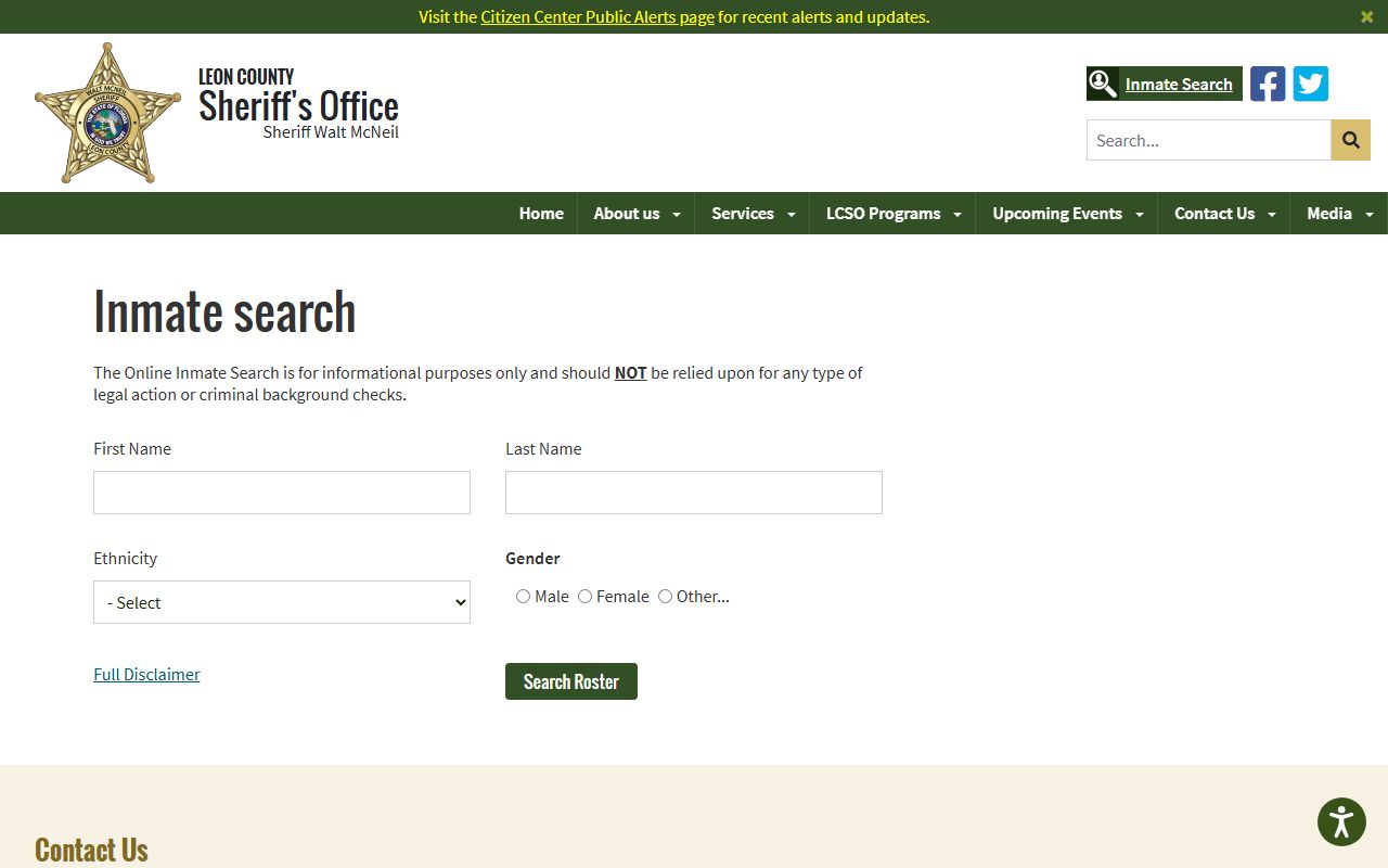 Leon County inmate search form on the Sheriff's Office detention facility page
