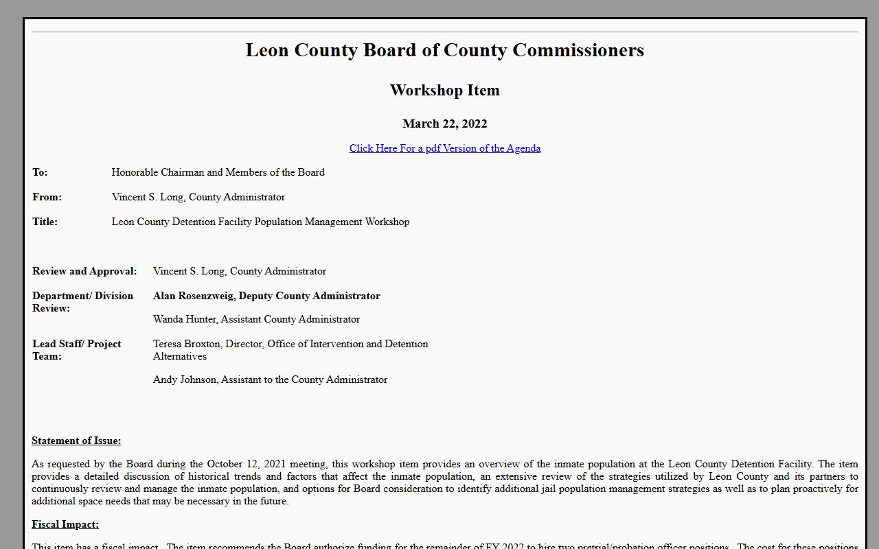 Leon County jail population workshop agenda showing detention facility capacity and average daily population data