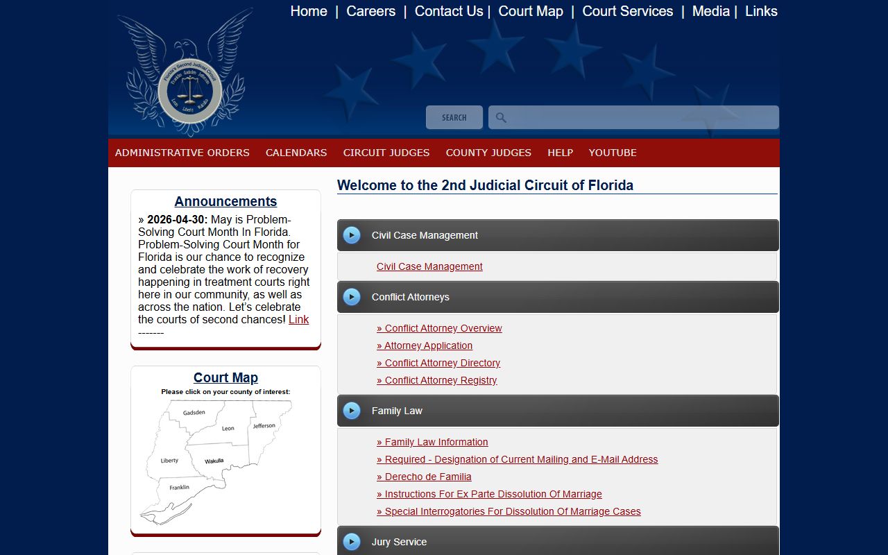 Second Judicial Circuit home page for Leon County court dockets and court records