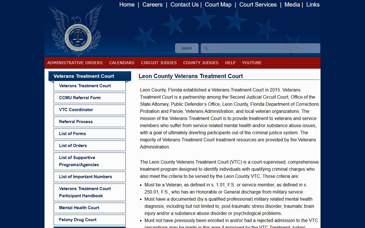 Leon County Veterans Treatment Court page from the Second Judicial Circuit