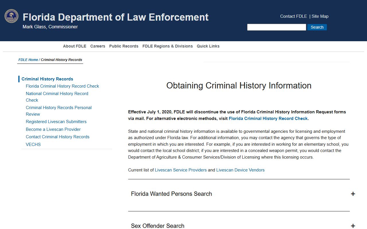 FDLE criminal history information page for Leon County arrest records and statewide checks