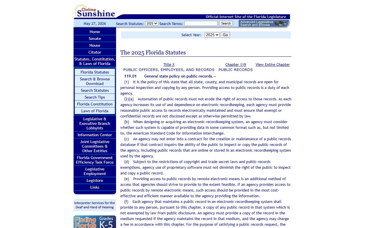 Florida Statutes section 119.01 public records policy for Leon County court records