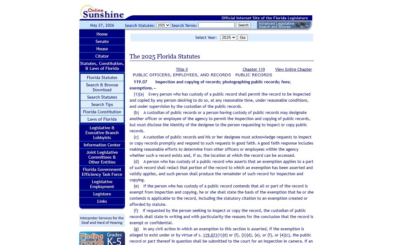 Florida Statutes section 119.07 on inspection, copying, and fees for Leon County public records