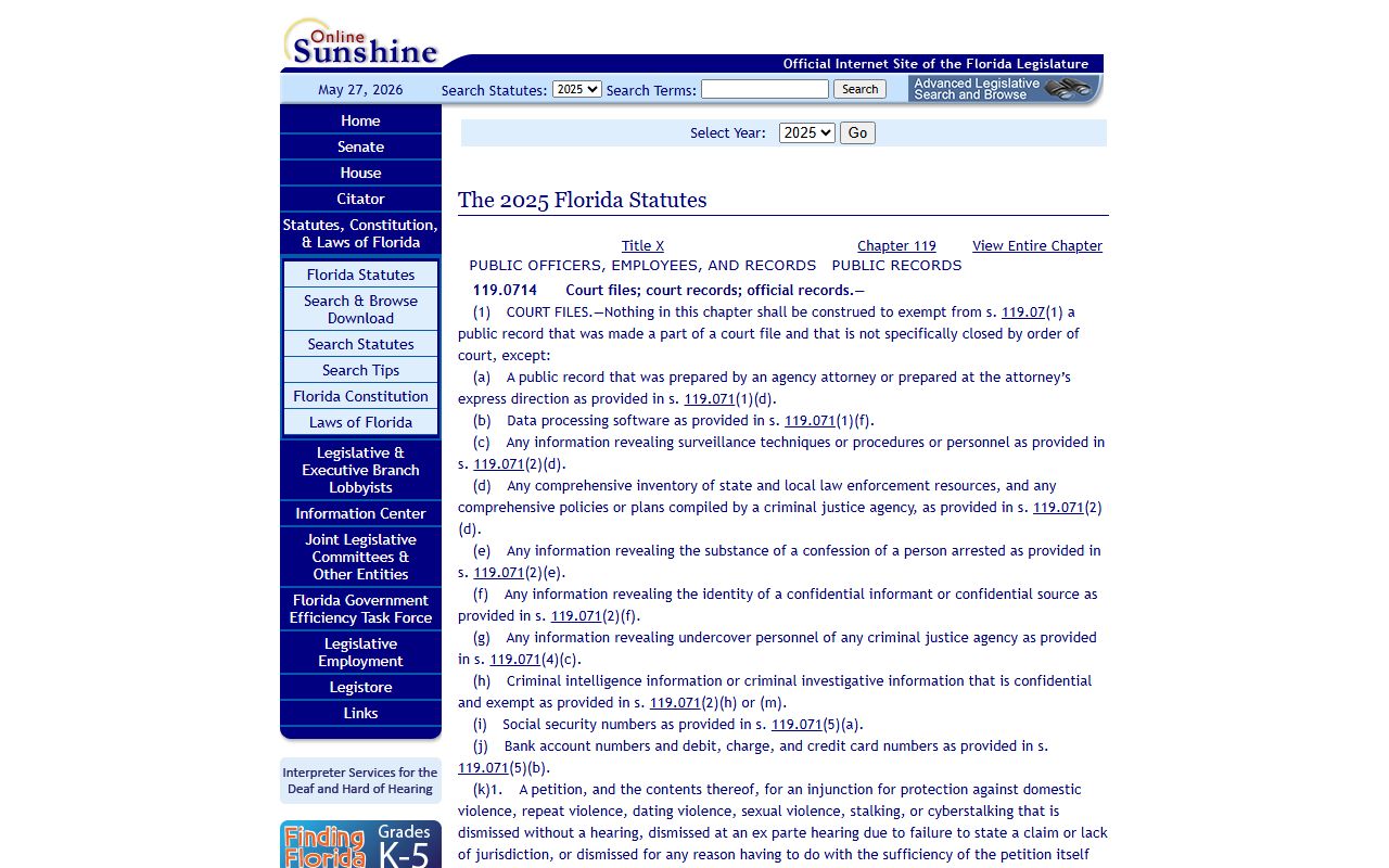 Florida Statutes section 119.0714 on Leon County court files and court records