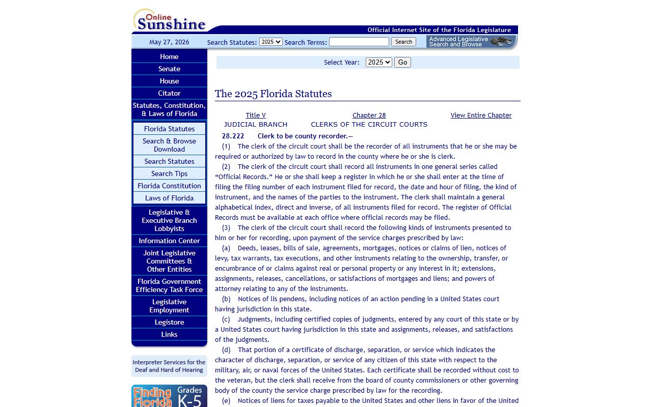 Florida Statutes section 28.222 naming the clerk as county recorder for Leon County public records