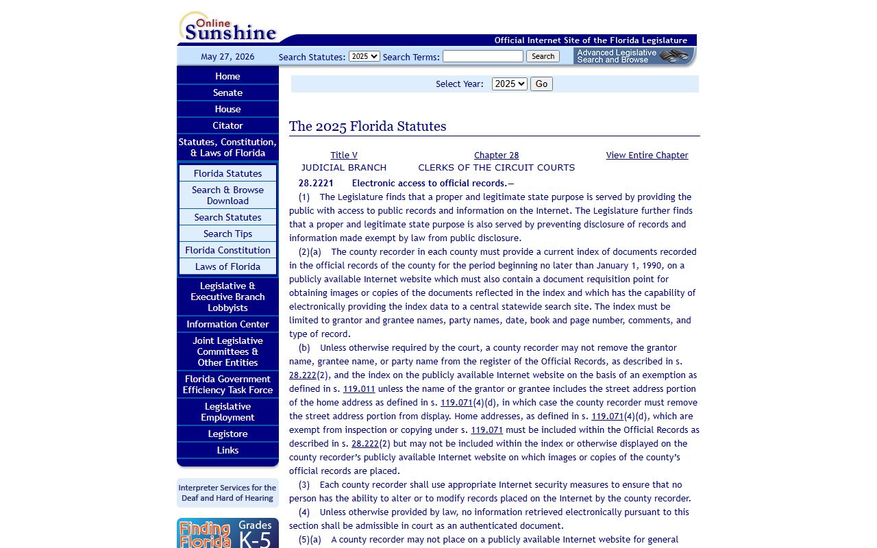 Florida Statutes section 28.2221 governing the Leon County clerk of court official records online