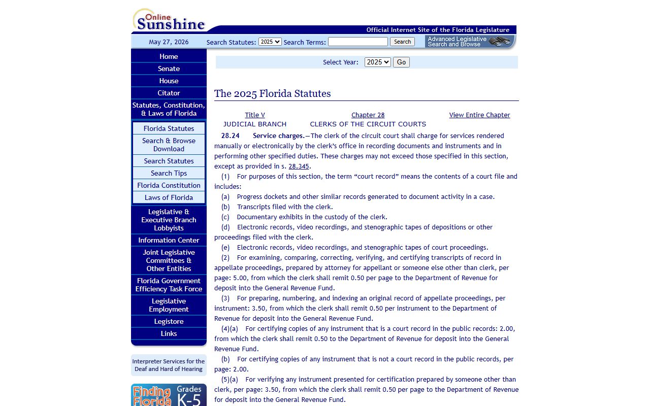Florida Statutes section 28.24 setting Leon County clerk of court service charges and copy fees