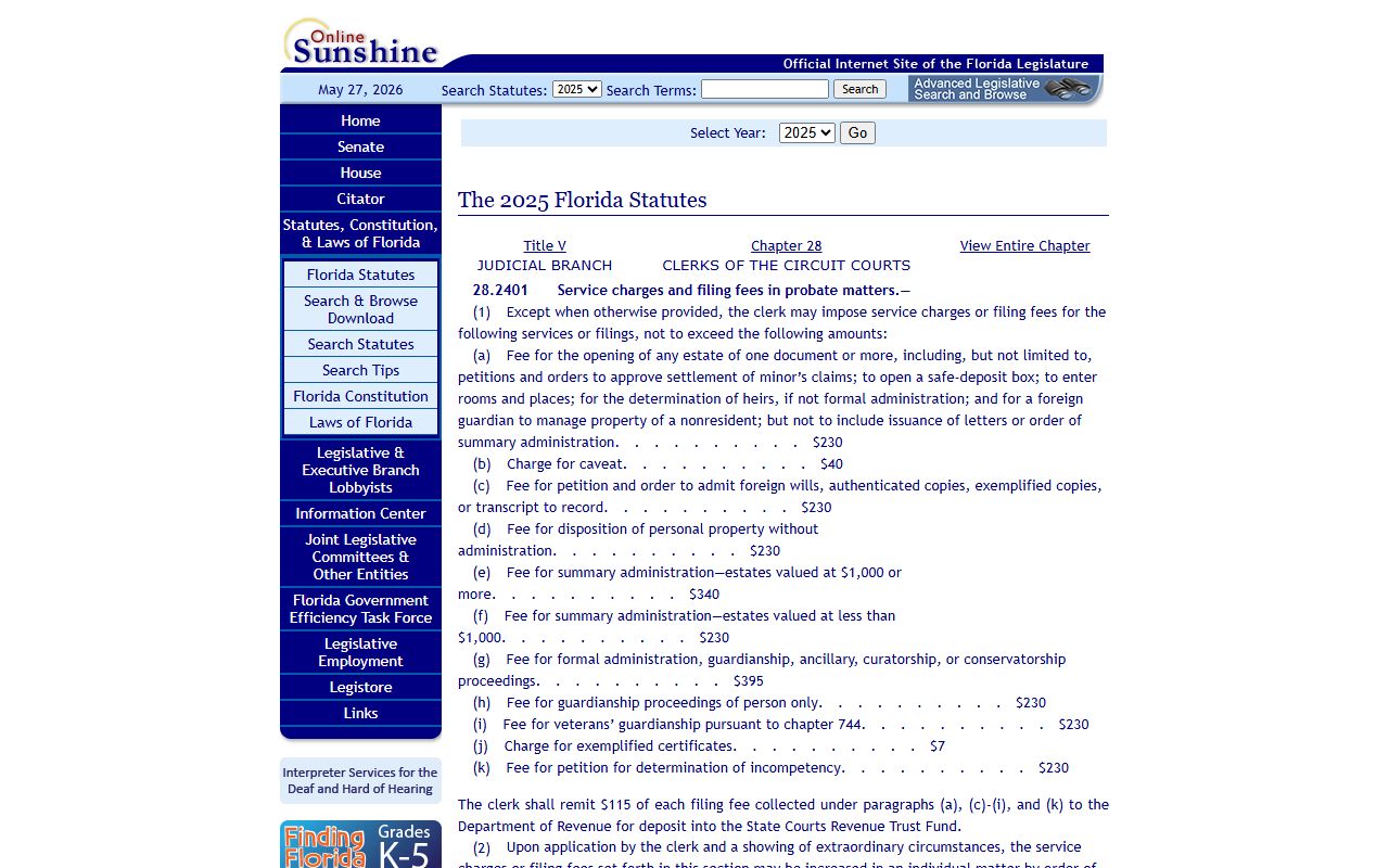 Florida Statutes section 28.2401 probate filing fees for Leon County probate records