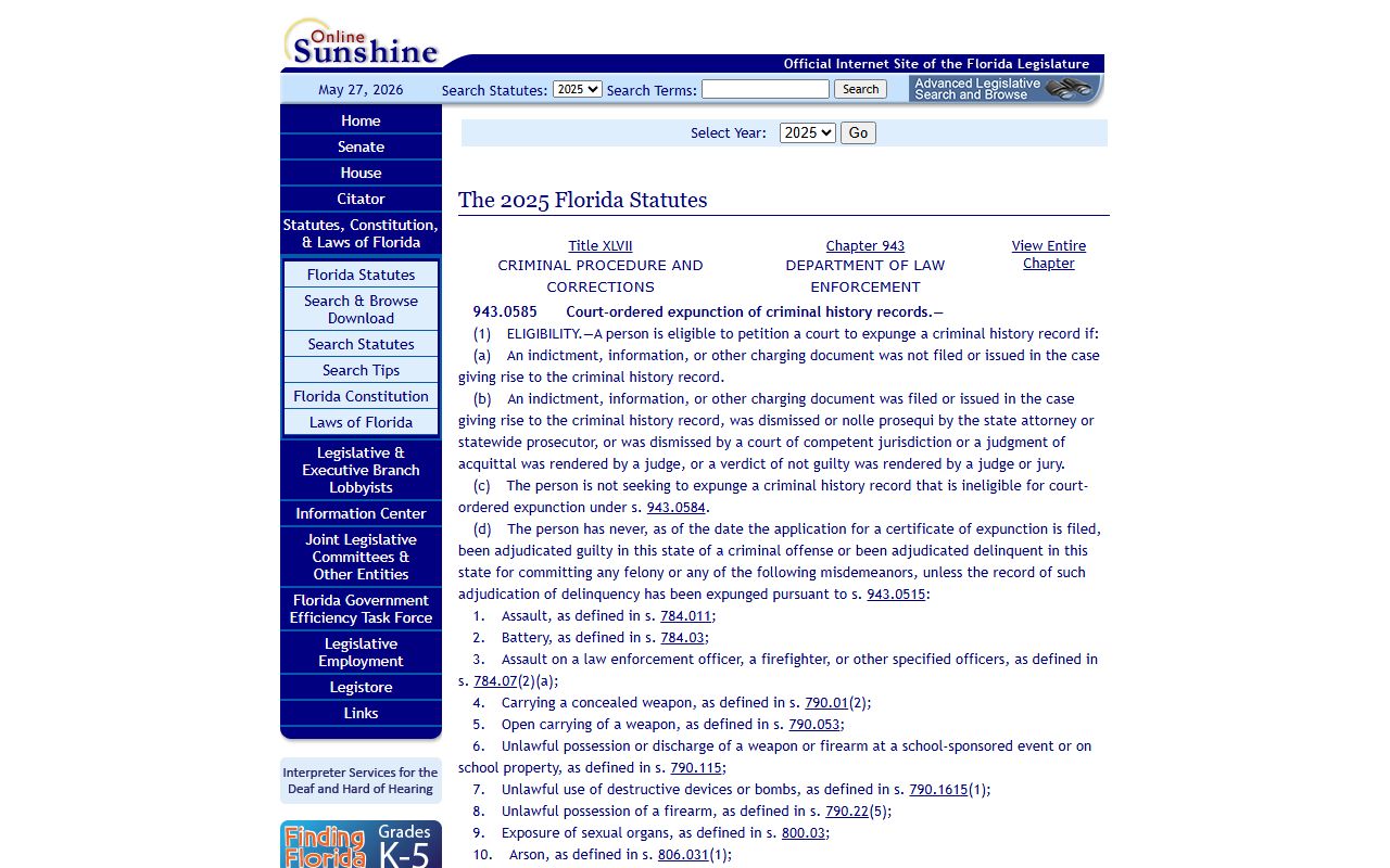 Florida Statutes section 943.0585 on expunction of Leon County arrest records